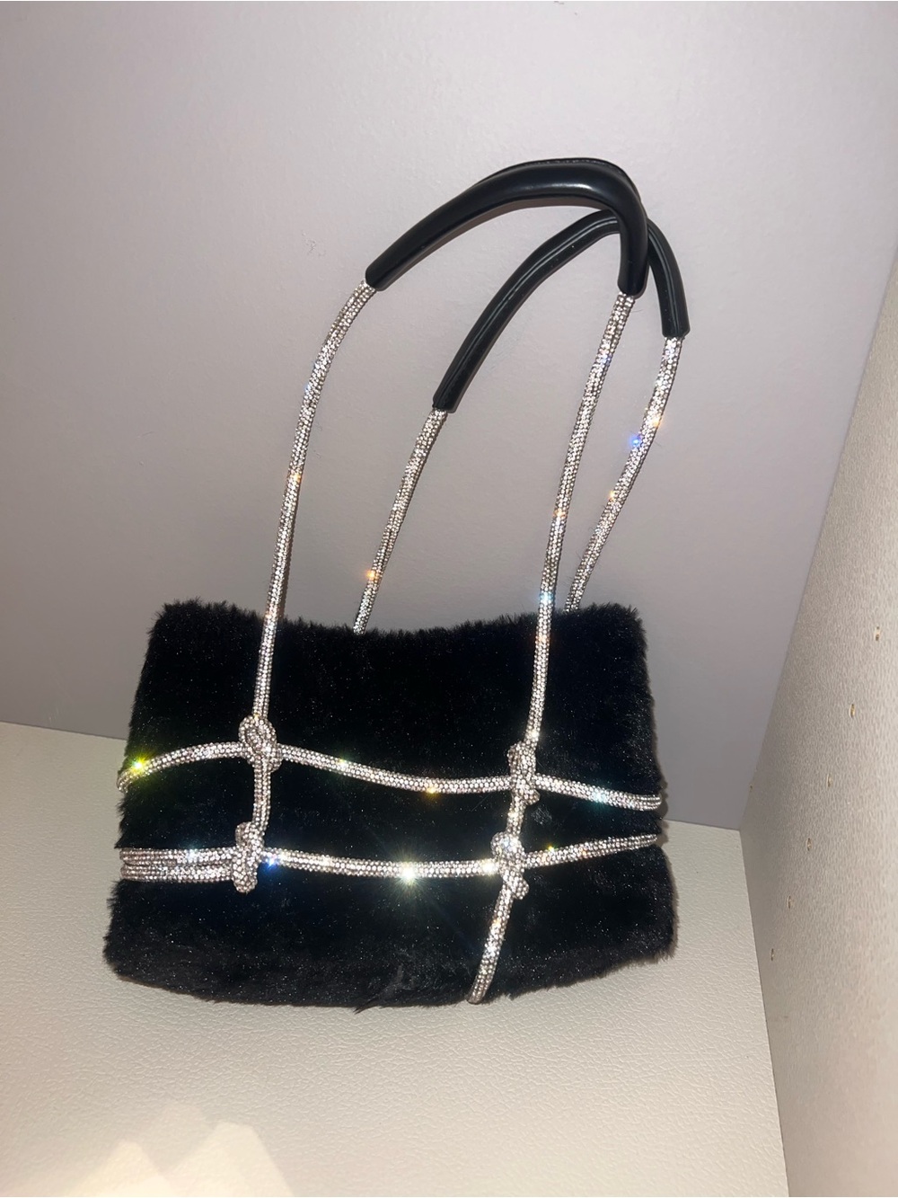 Rhinestone black faux fur shoulder bag